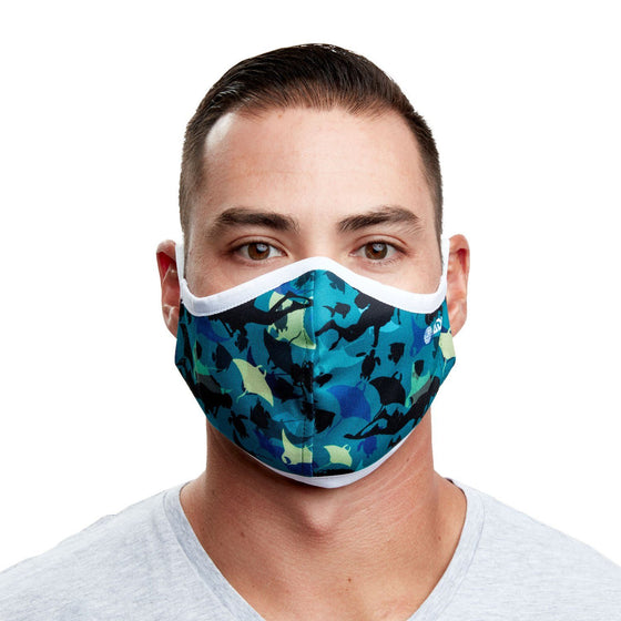 Manta Ray & Scuba Diver Recycled Plastic Face Mask with Filter Pocket + 5 Filters | Reusable, Washable, Eco-Friendly